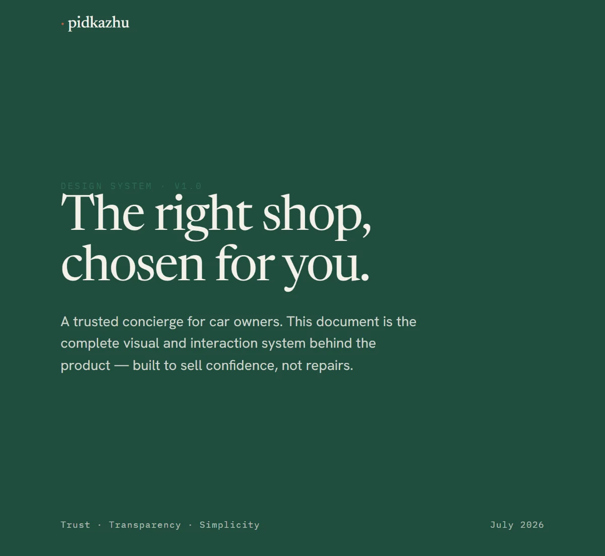 Titelseite des Pidkazhu-Designsystems v1: „The right shop, chosen for you.“