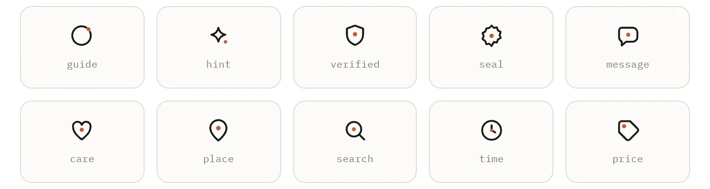 Eigene Icon-Familie mit Ton-Punkt: guide, hint, verified, seal, message, care, place, search, time, price